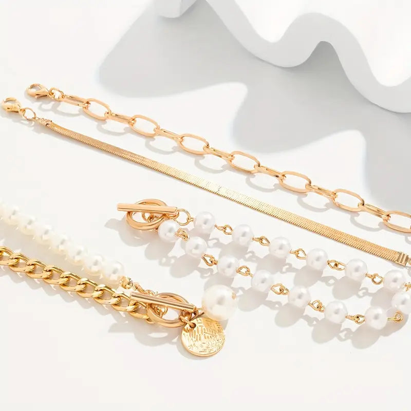 Elegant 4-Piece Gold Bracelet Set – Snake, Pearls and Links