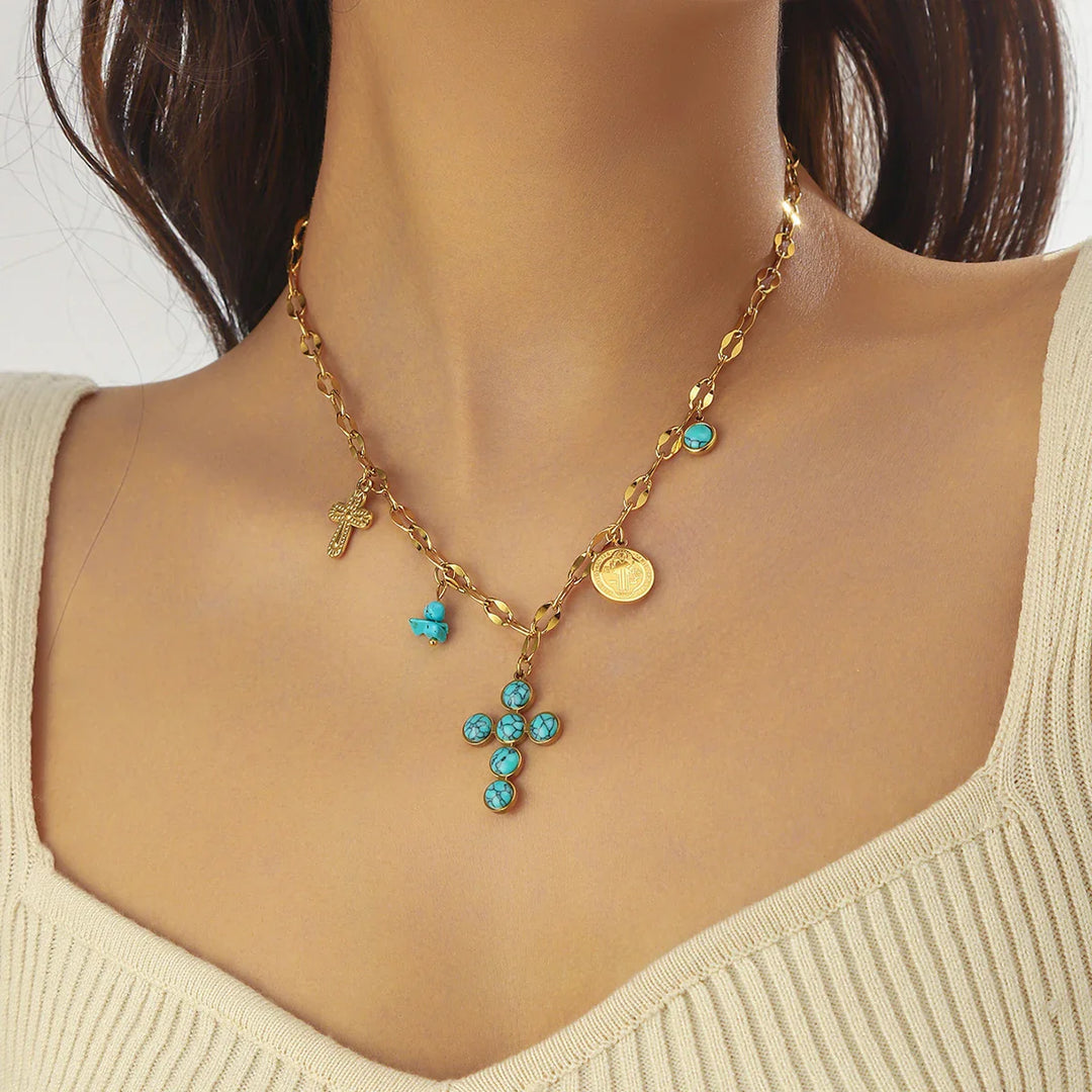Exclusive Stainless Steel Turquoise Cross Necklace