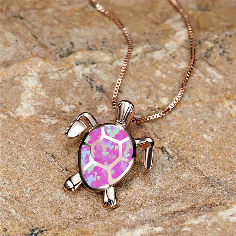 Vintage Gold Green Fire Opal Turtle Pendant Necklace