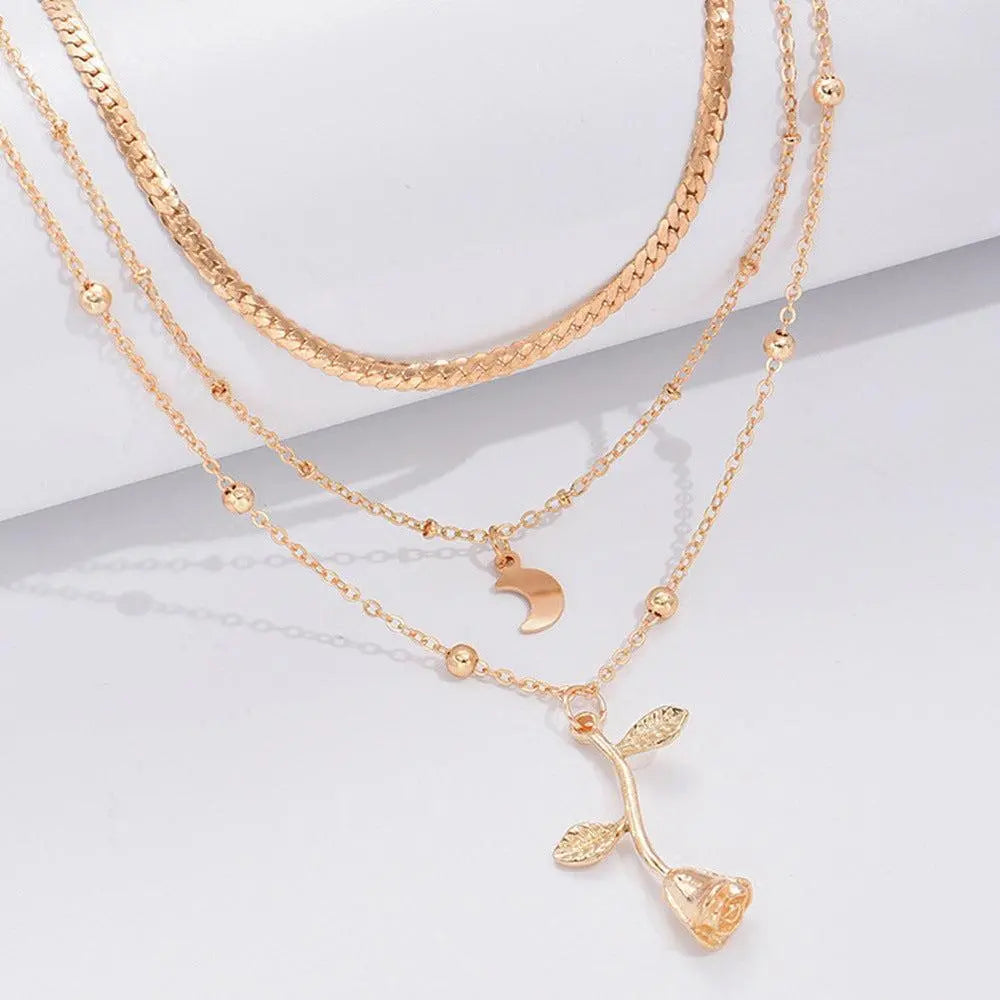 Sophisticated Golden Rose Pendant Necklace Set
