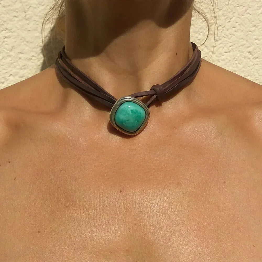 Vintage Bohemian Turquoise Pendant Necklace