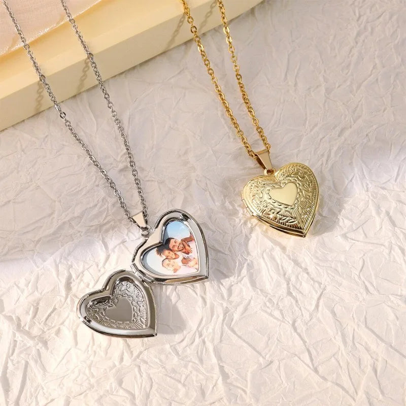 Vintage Heart Embossed Photo Locket Necklace
