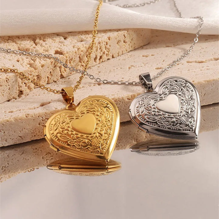Vintage Heart Embossed Photo Locket Necklace